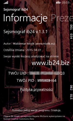 Ekran Informacje programu Sejsmograf ib24